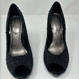 Lulu Townsend Danica Black Satin & Rhinestone Peep toe heels